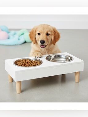 Elevated Double Pet Bowl Stand White Wood Feeding Station